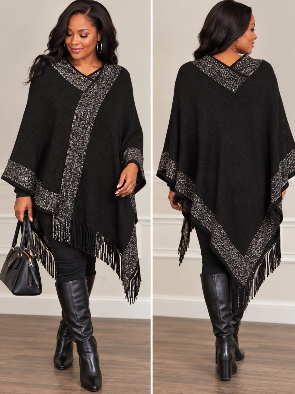 Steve Madden Black Poncho with Metallic Trim & Fringe